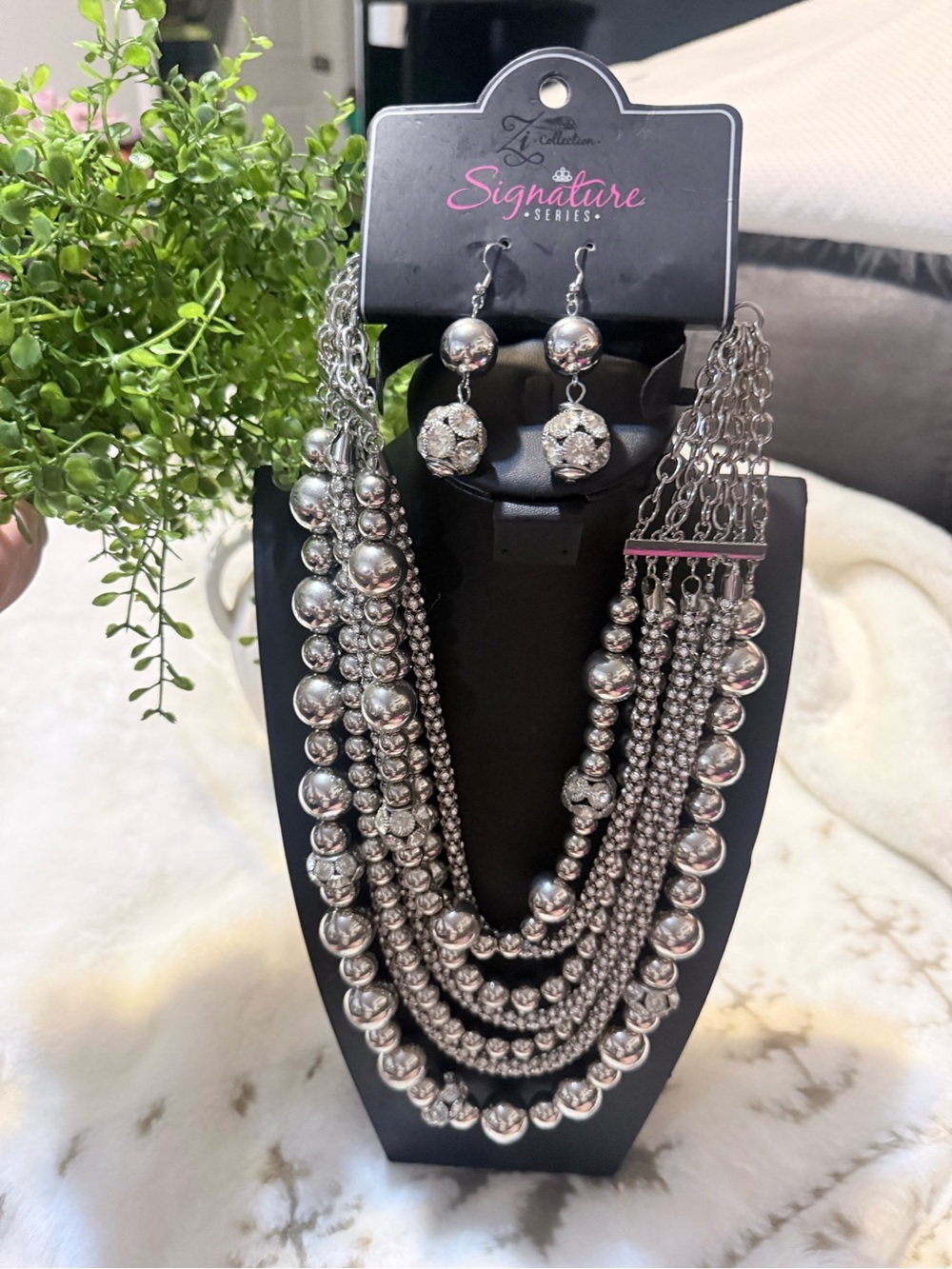 paparazzi Silver Multi-Strand Beaded Statement Necklace with Drop Earrings